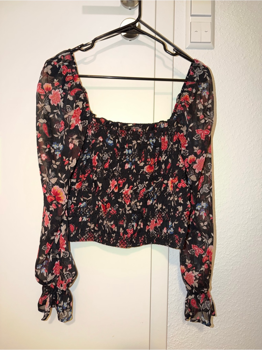 Francesca’s mi ami Black Floral Smocked Square-Neck Blouse